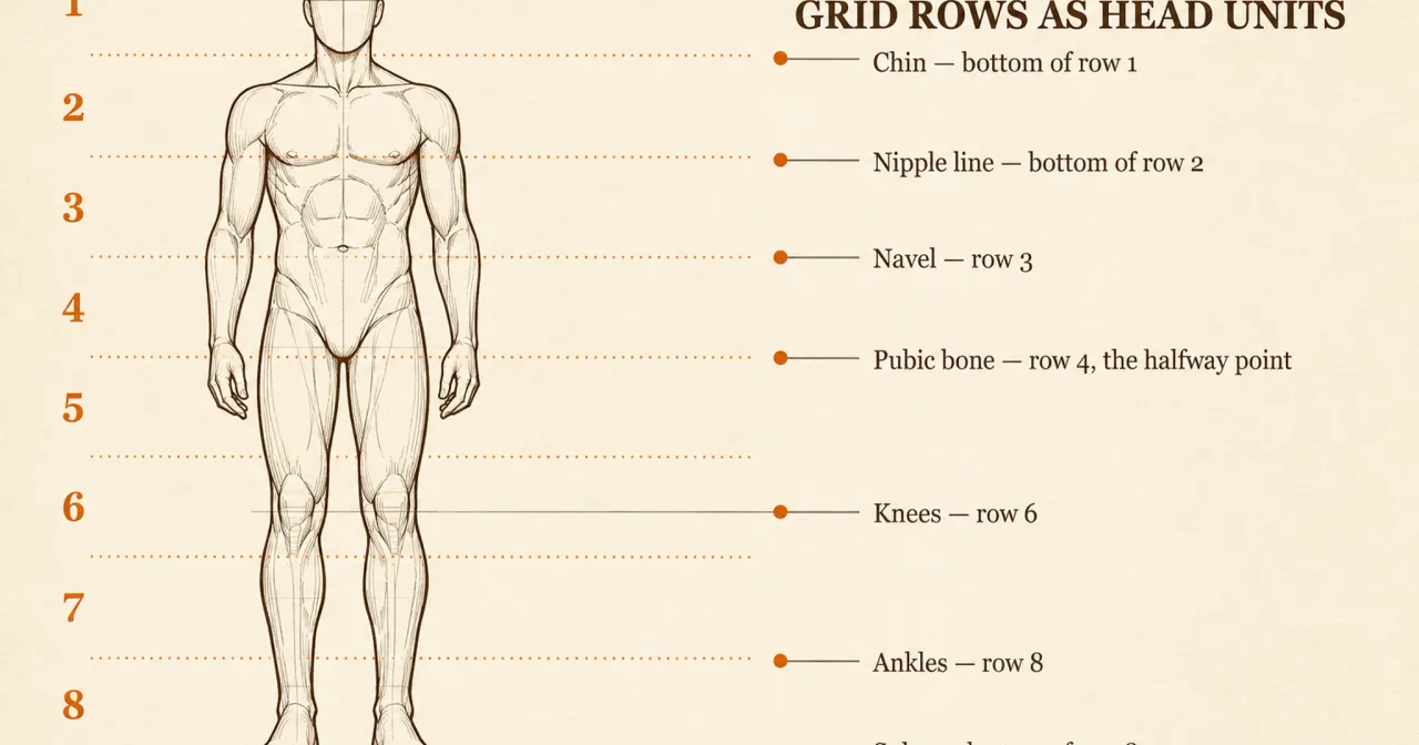 Eight-head figure proportion diagram: a line-art figure across eight numbered grid rows, with the chin, nipple line, navel, pubic bone, knees, ankles and soles marked at their measured heights
