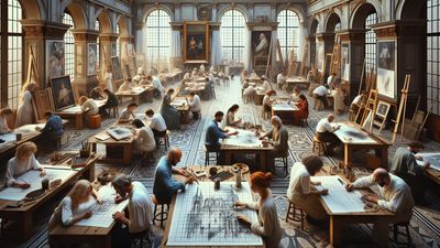 Artist creating a charcoal portrait using grid method with visible grid lines and charcoal sticks on paper