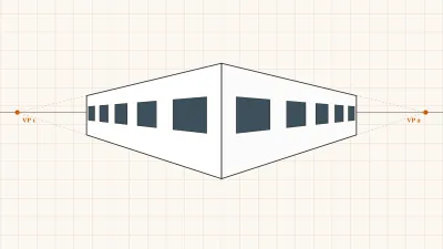 Two-point perspective construction of a building facade on a measuring grid, both vanishing points on the horizon line