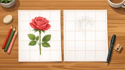 Finished rose illustration and half-drawn pencil copy side by side, both sheets carrying the identical 4x5 drawing grid