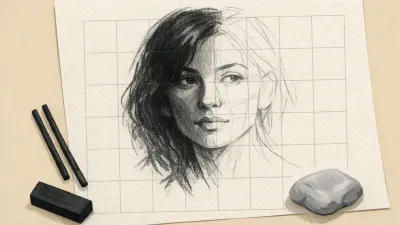Half-finished charcoal portrait on gridded paper with vine charcoal sticks, a compressed charcoal block and a kneaded eraser