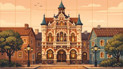Detailed old-town street scene under a variable-density drawing grid: coarse cells overall, finer subdivision over the ornate central facade