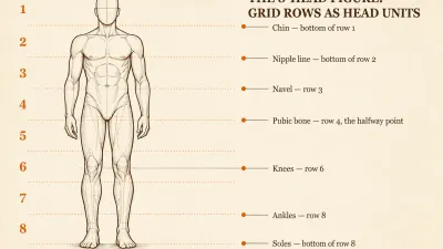 Eight-head figure proportion diagram: a line-art figure across eight numbered grid rows, with the chin, nipple line, navel, pubic bone, knees, ankles and soles marked at their measured heights