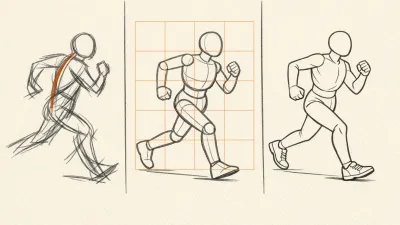 Three-stage figure drawing progression: gesture sketch with action line, construction sketch under a measuring grid, refined contour drawing