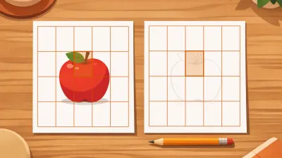 Reference with a 5x4 grid over an apple beside drawing paper carrying the identical 5x4 grid, one matching cell highlighted