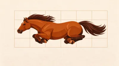 Galloping horse in the gathered suspension phase, all four hooves off the ground and legs collected under the body, with a 6x4 drawing grid overlay