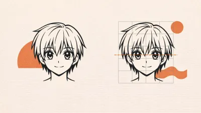 Manga-style head as clean line art next to the same head on a measuring grid with the eye line marked below the head midline