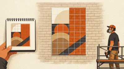 Gridded sketchbook design being scaled square by square onto a large chalked wall mural