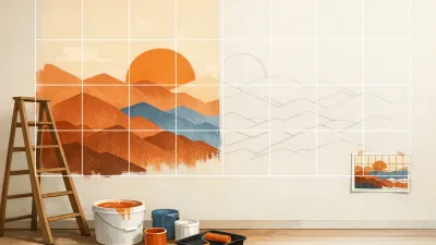 Half-painted mountain mural on a wall with a chalk grid and a small gridded reference sketch taped beside it, ladder and paint buckets nearby