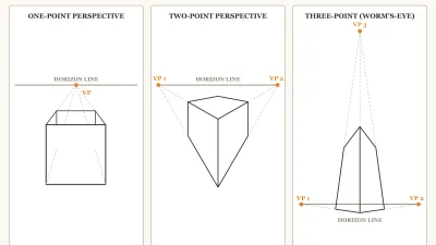 Technical drawing demonstration of three-point perspective using grid method