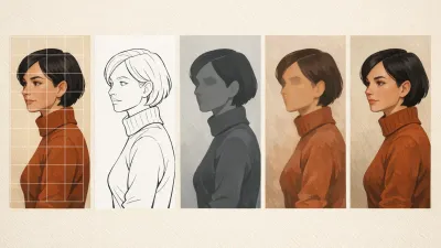 Five painting stages of the same portrait: gridded reference, line transfer, three-value block-in, flesh-tone underpainting, finished painting
