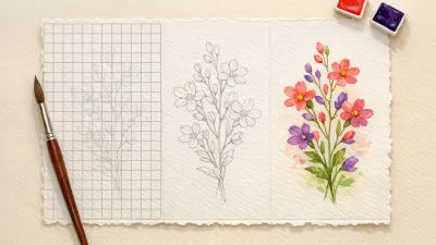 Watercolour in three stages on one sheet: a square pencil grid on the left, the drawing with the grid erased in the middle, and the finished wash on the right with no grid lines showing.