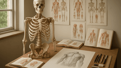 Professional anatomical study workspace with skeleton model and reference materials