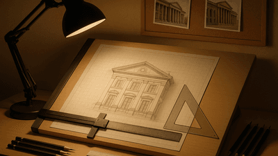 Professional architectural drawing workspace with precision tools and gridded reference