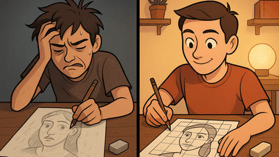 Split comparison showing artist struggling with freehand versus confident with grid method