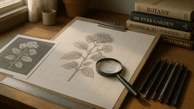Professional botanical artist workspace with grid method drawing in progress, reference materials and precision tools