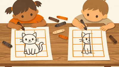 Two children copying a simple cat drawing square by square on worksheets with large, coarse grids