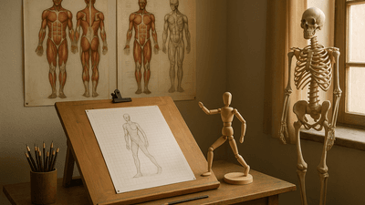 Professional figure drawing workspace with anatomical references and grid tools