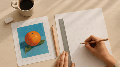Organized beginner artist workspace showing grid drawing setup with reference photo, drawing paper, ruler and essential tools