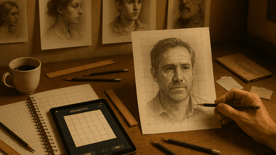 Professional artist studio showing advanced grid technique mastery with completed portrait commission and years of practice