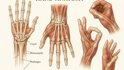 Comprehensive hand anatomy study showing skeletal structure, muscles, and range of motion for artists