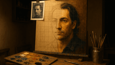 Professional portrait artist studio with canvas showing grid method transition from sketch to paint