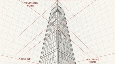 Technical drawing demonstration of three-point perspective using grid method