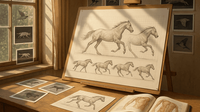 Professional wildlife artist workspace with sequential motion studies and grid reference photos