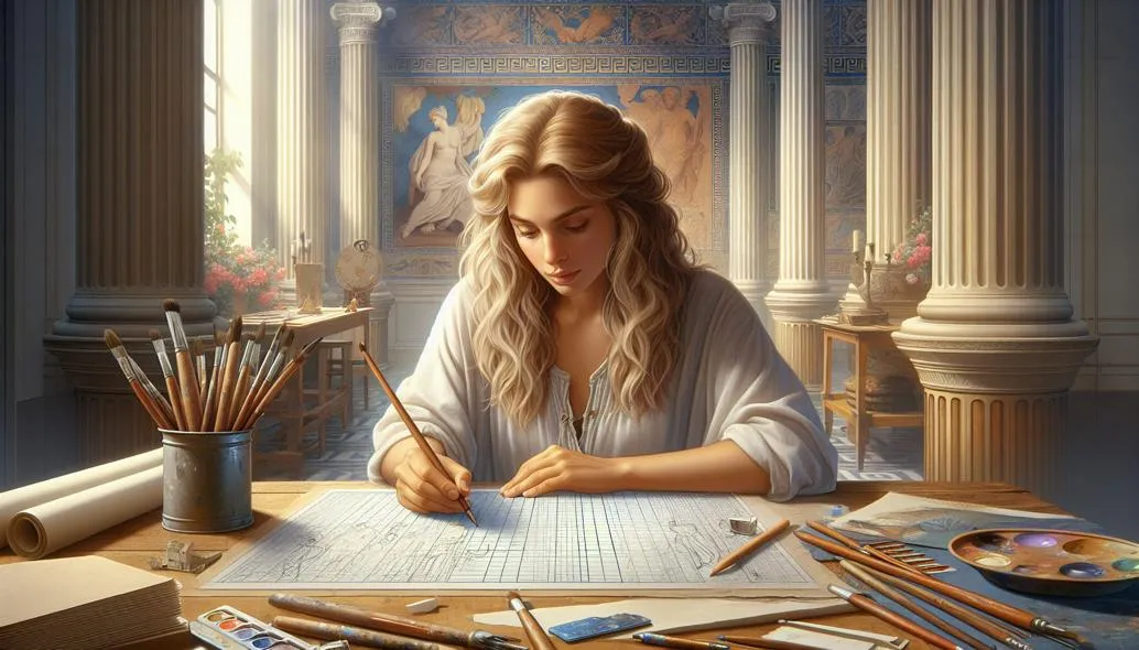 Detailed grid overlay on portrait drawing showing proportion guidelines