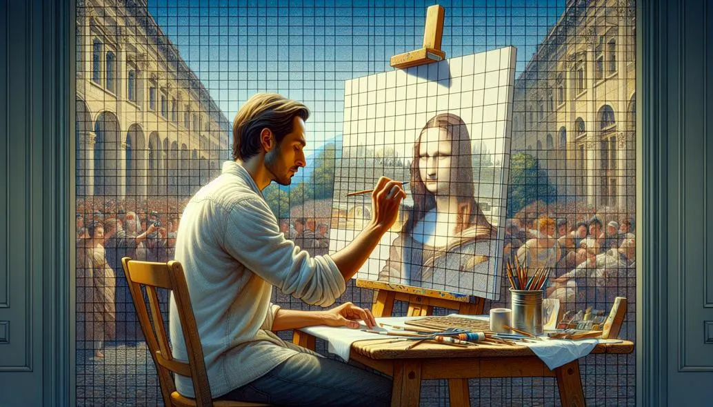 Grid drawing demonstration showing reference image with grid overlay and corresponding drawing paper