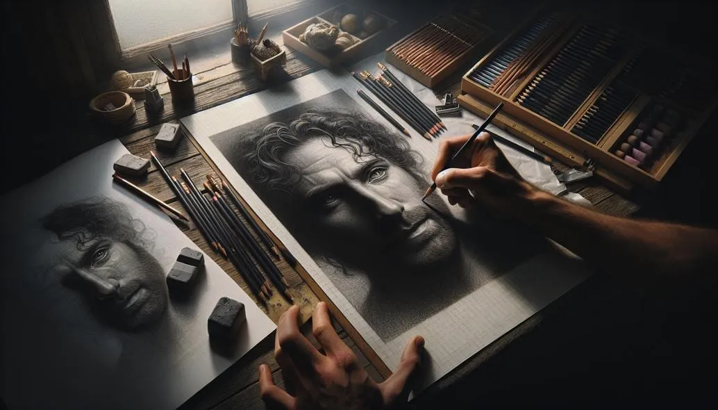 Artist using grid method to draw a detailed graphite portrait, showing the systematic approach to capturing facial proportions