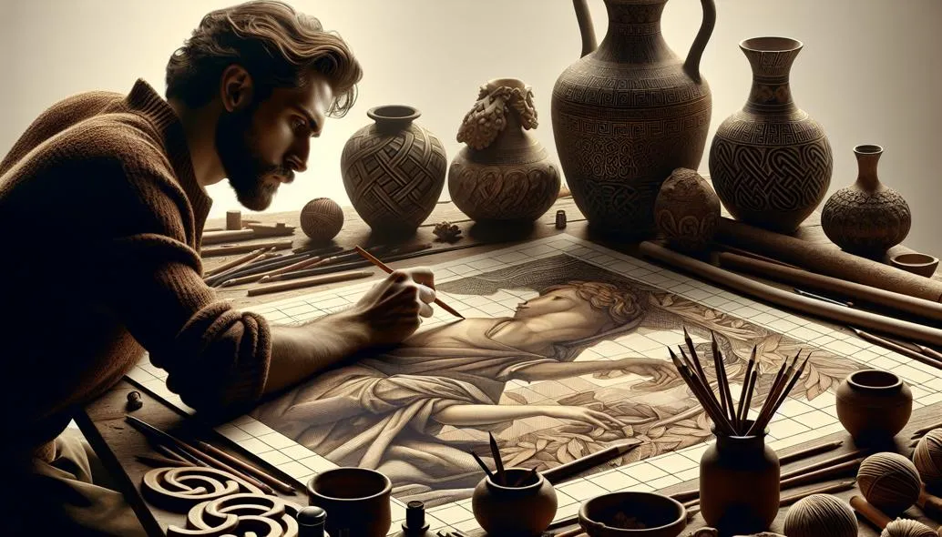 Artist using grid method to break down a complex architectural drawing into manageable sections