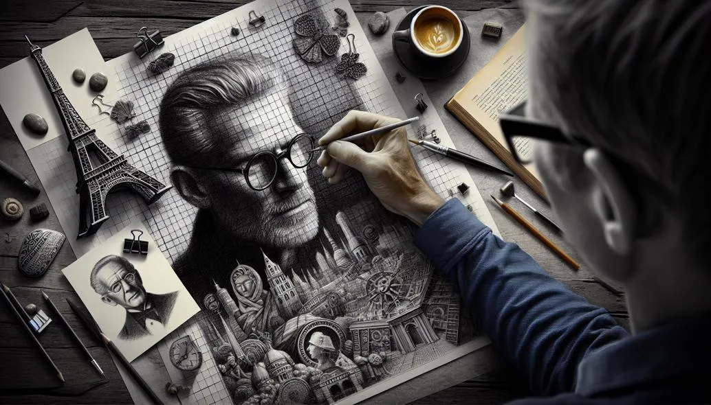 Charcoal drawing materials arranged with grid reference sheets showing value studies and texture techniques