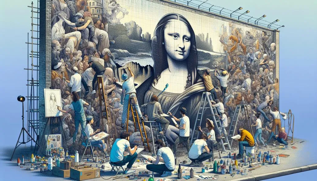 Artist using grid method to transfer sketch design onto large urban wall mural