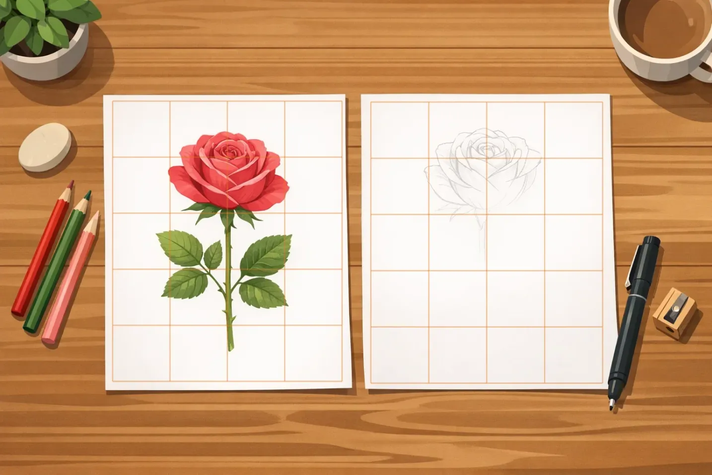 Finished rose illustration and half-drawn pencil copy side by side, both sheets carrying the identical 4x5 drawing grid