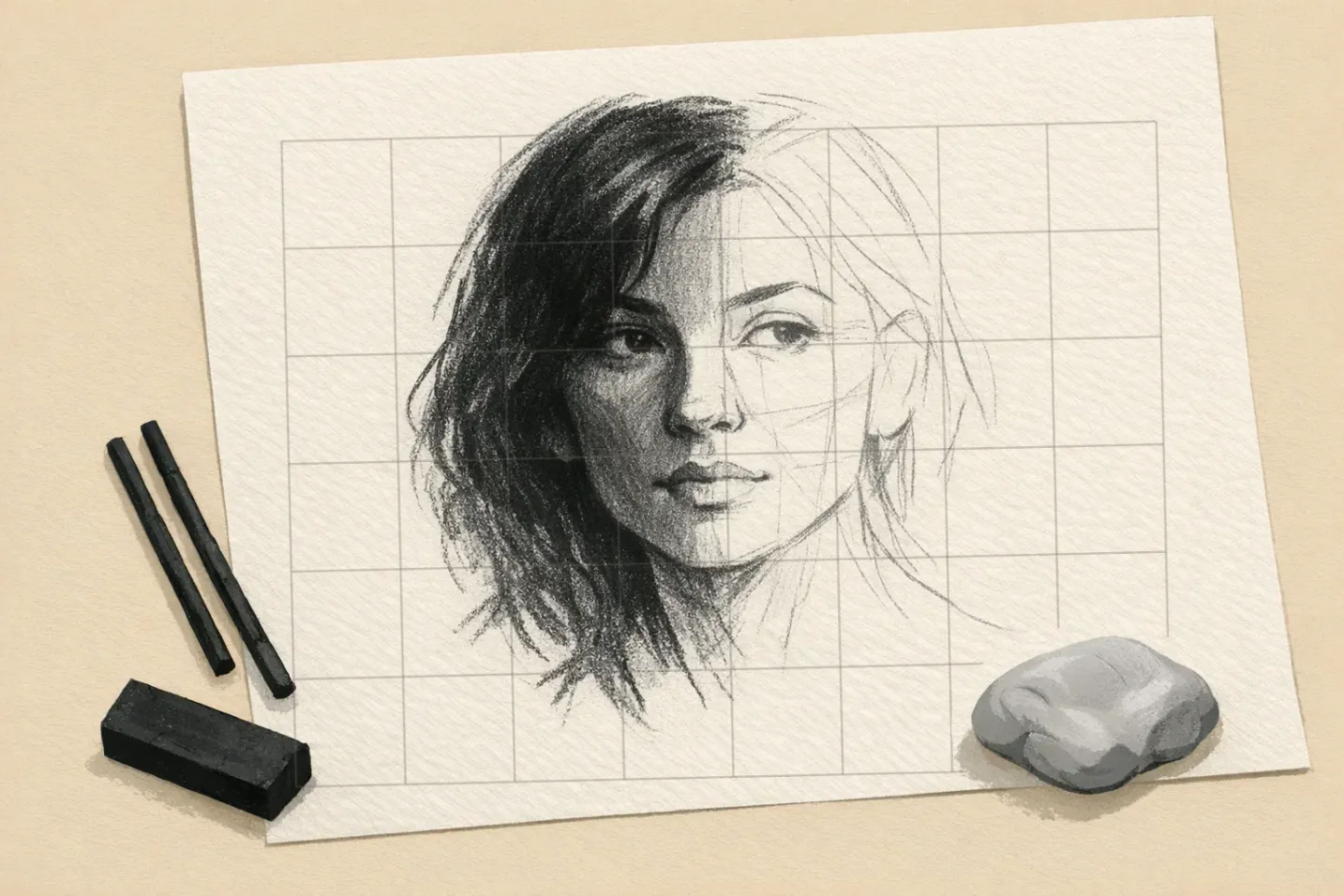 Half-finished charcoal portrait on gridded paper with vine charcoal sticks, a compressed charcoal block and a kneaded eraser