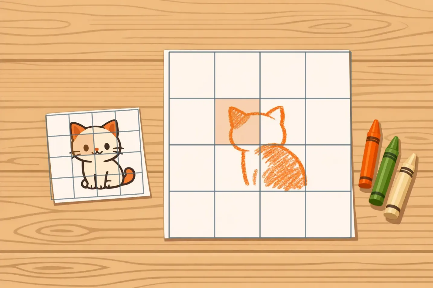 Gridded reference card with a cartoon cat next to drawing paper carrying the identical 4x4 grid and a half-copied cat in crayon