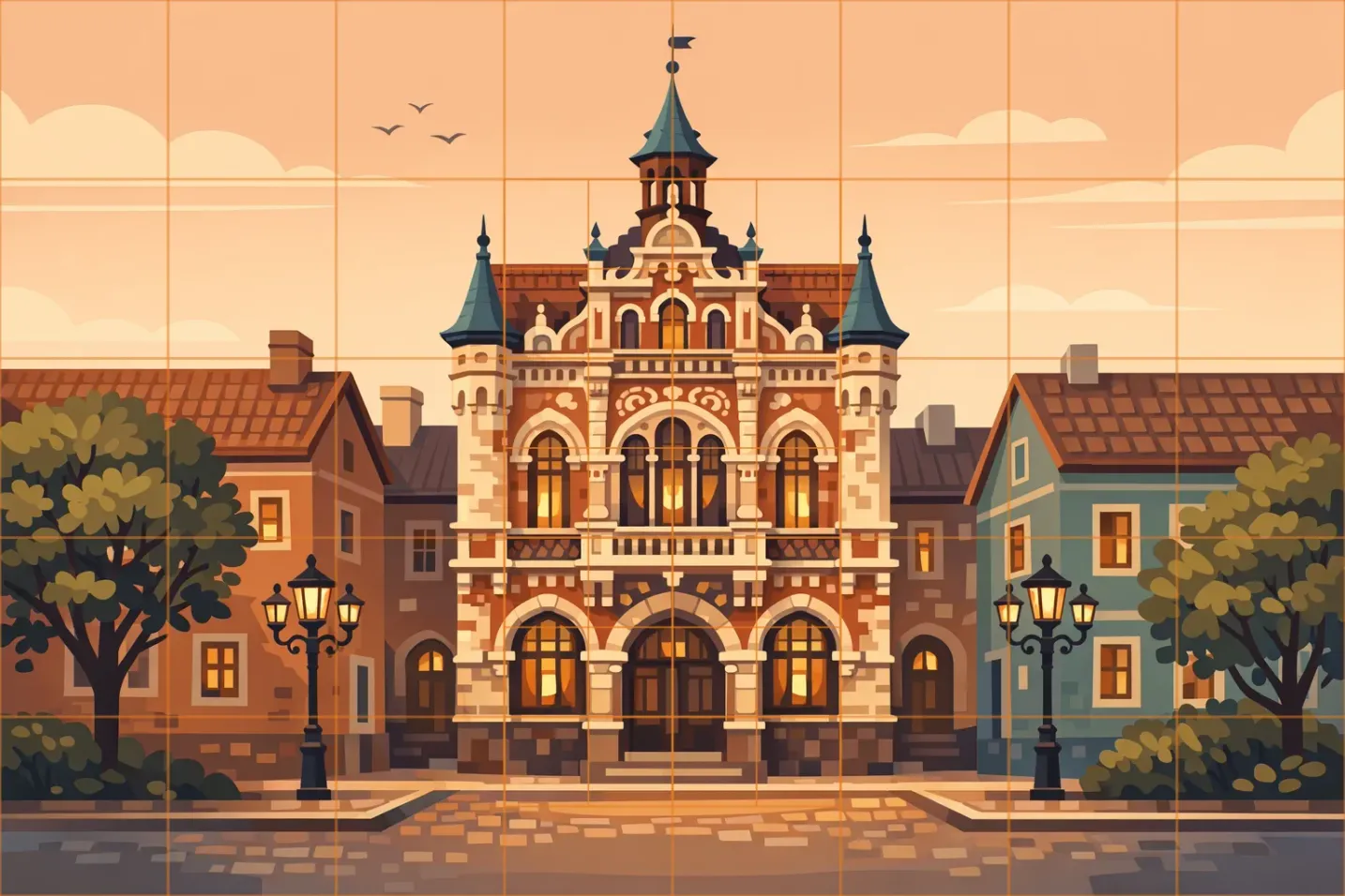 Detailed old-town street scene under a variable-density drawing grid: coarse cells overall, finer subdivision over the ornate central facade