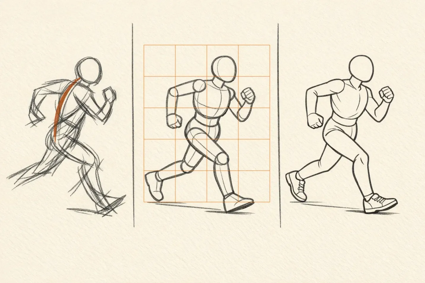 Three-stage figure drawing progression: gesture sketch with action line, construction sketch under a measuring grid, refined contour drawing