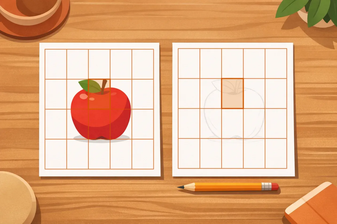 Reference with a 5x4 grid over an apple beside drawing paper carrying the identical 5x4 grid, one matching cell highlighted