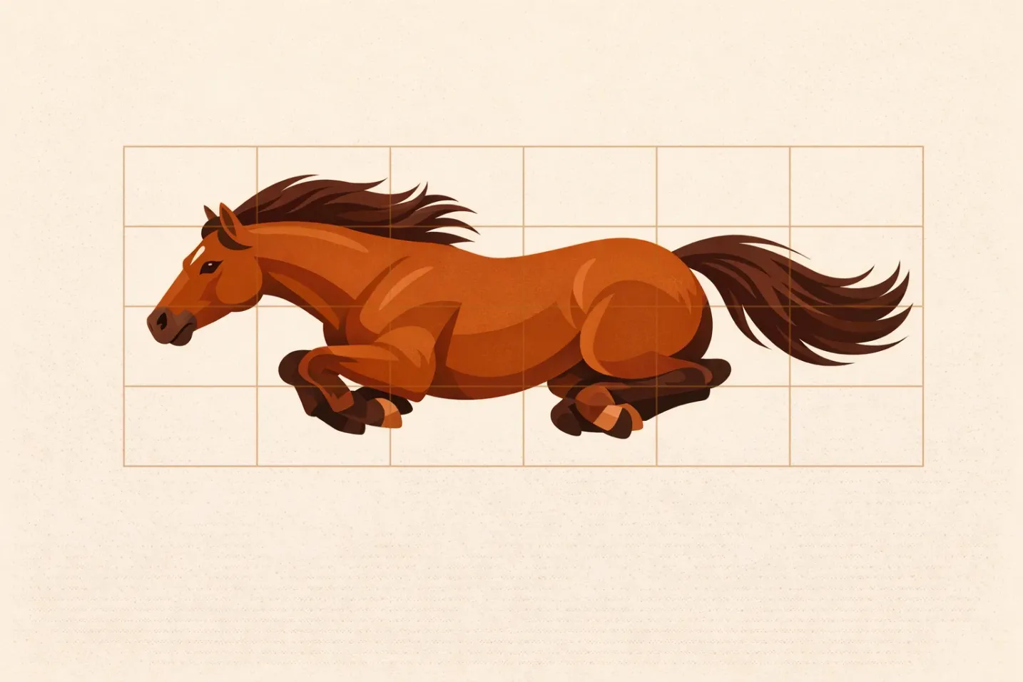 Galloping horse in the gathered suspension phase, all four hooves off the ground and legs collected under the body, with a 6x4 drawing grid overlay