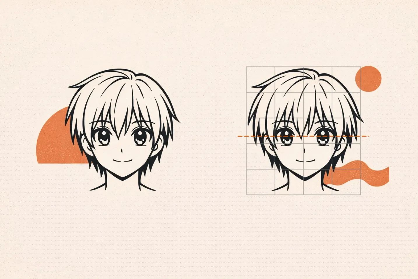 Manga-style head as clean line art next to the same head on a measuring grid with the eye line marked below the head midline