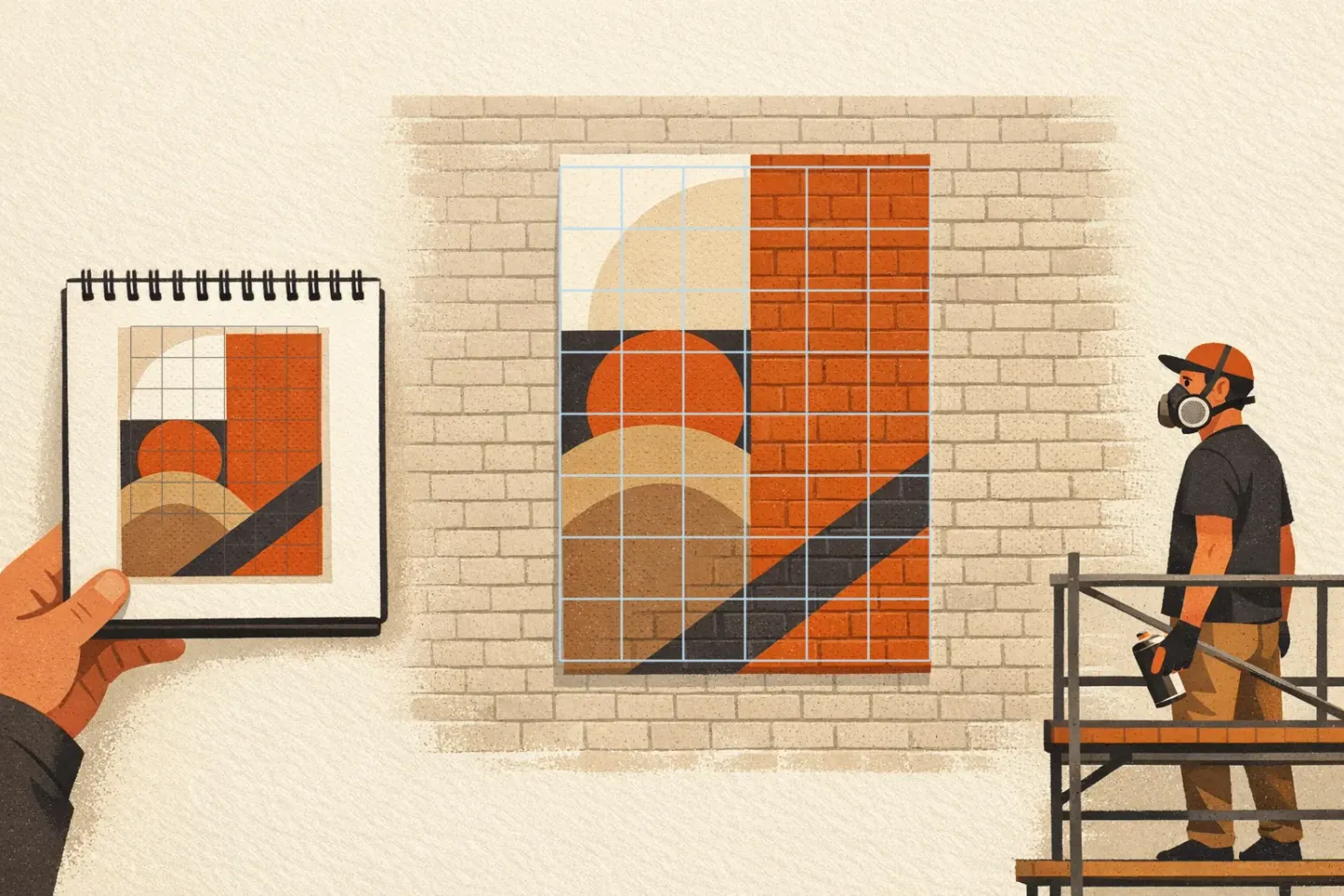 Gridded sketchbook design being scaled square by square onto a large chalked wall mural