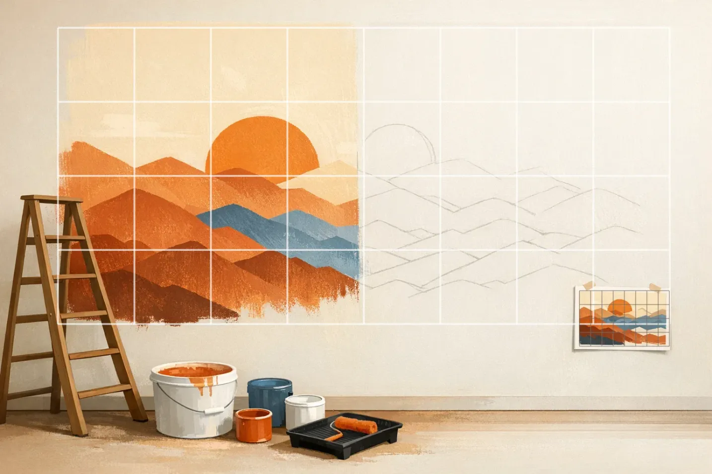 Half-painted mountain mural on a wall with a chalk grid and a small gridded reference sketch taped beside it, ladder and paint buckets nearby