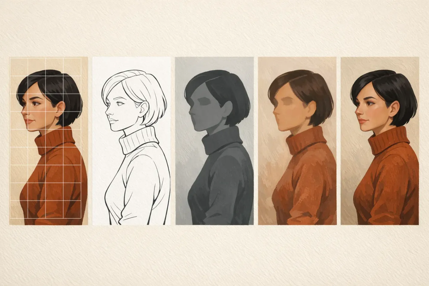 Five painting stages of the same portrait: gridded reference, line transfer, three-value block-in, flesh-tone underpainting, finished painting