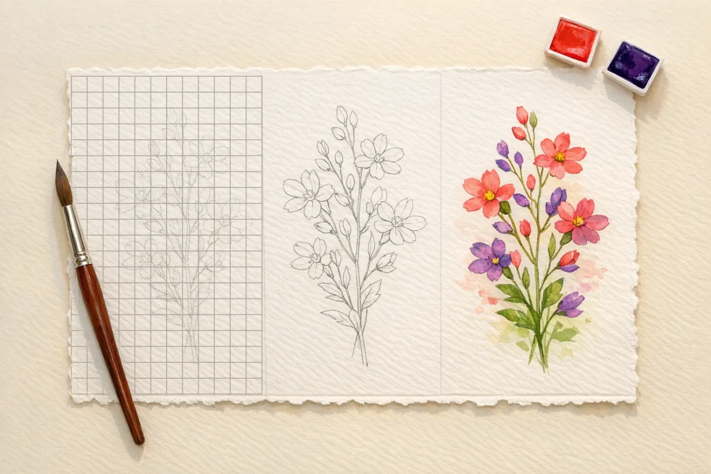 Watercolour in three stages on one sheet: a square pencil grid on the left, the drawing with the grid erased in the middle, and the finished wash on the right with no grid lines showing.