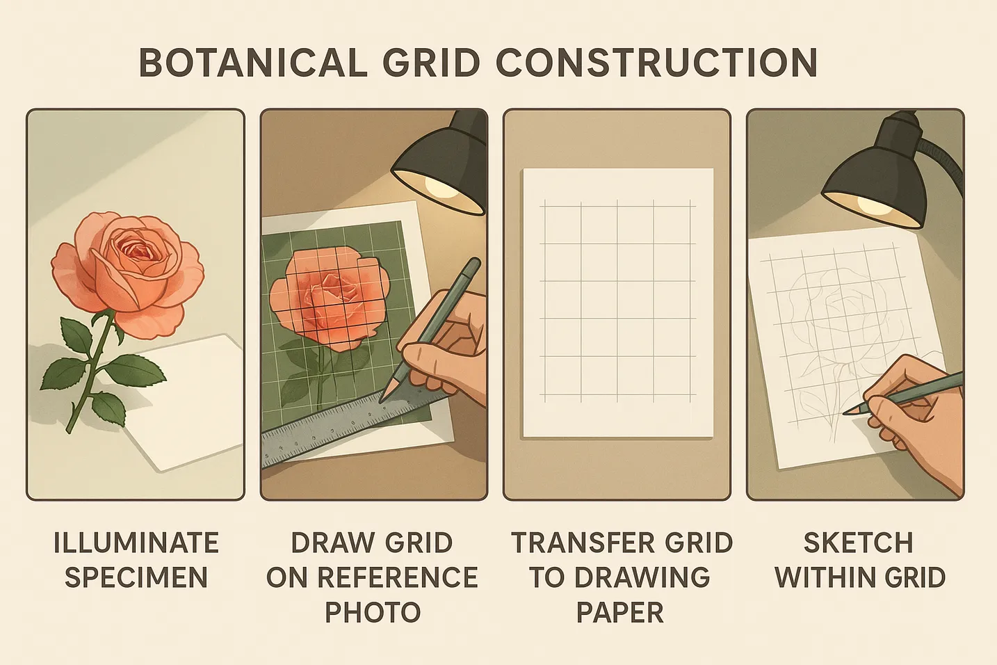 Four-panel step-by-step guide showing botanical grid construction process from specimen to initial sketch