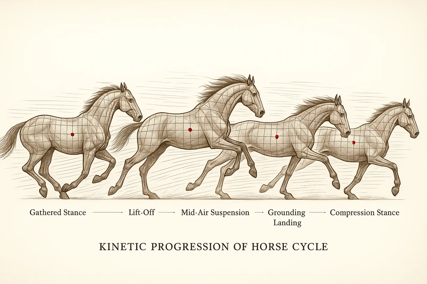 Detailed six-phase horse gallop cycle with grid overlays showing proportion changes and motion dynamics