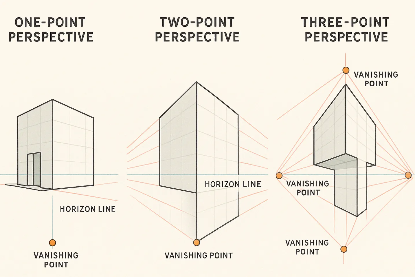 Three-panel diagram showing one-point, two-point, and three-point perspective grid construction
