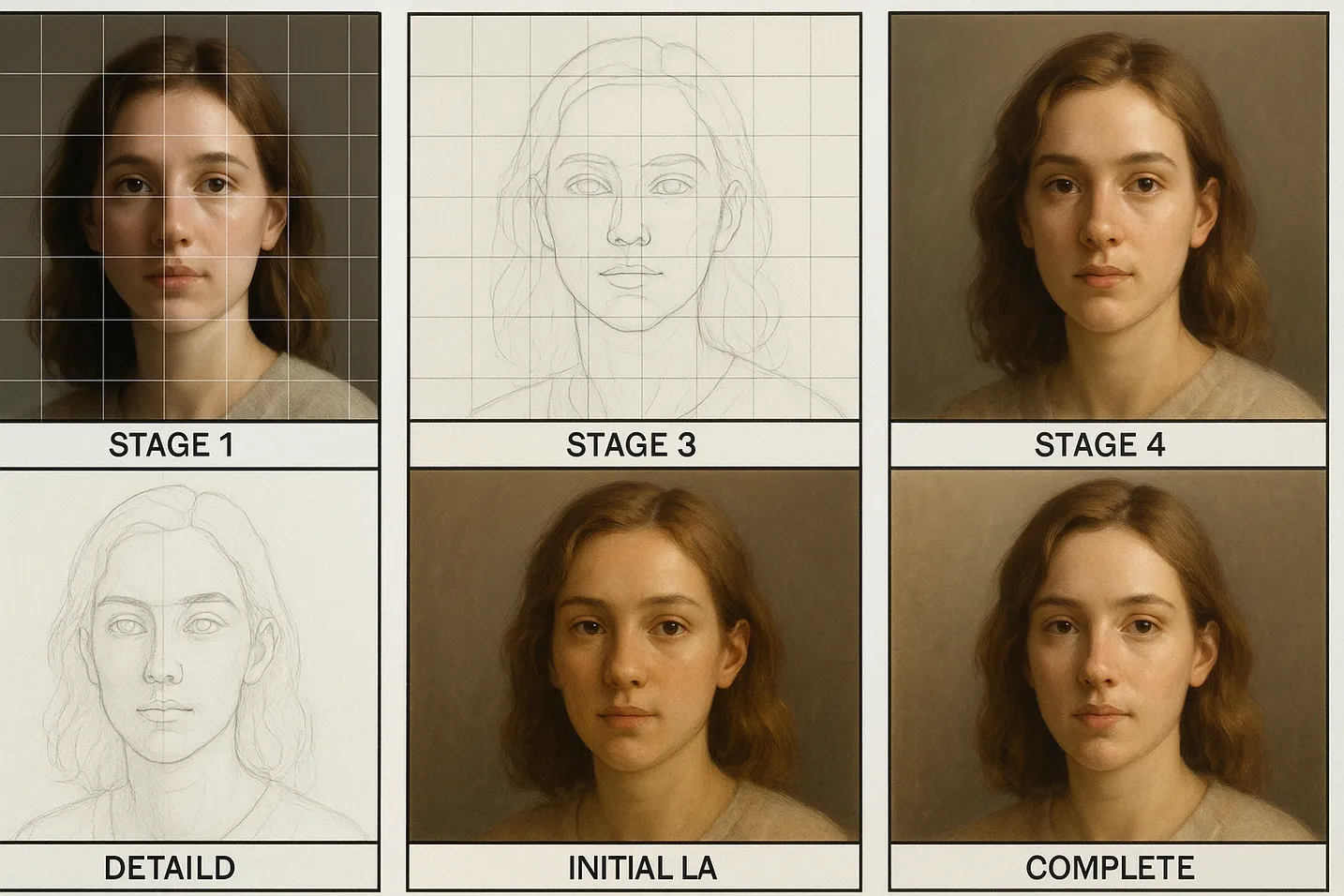 Five-stage portrait development from grid reference to finished painting showing systematic progression